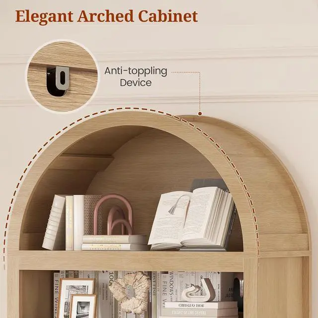 Alt view image 5 of 7 - 2 Pcs 81" Tall Arched Cabinets,Bookcase with Storage,Mid-Century Modern 6-Tier Bookshelf with Door,2 Book Risers and Adjustable Shelves, for Living Room,Kitchen,Home Office(Oak, Large)
