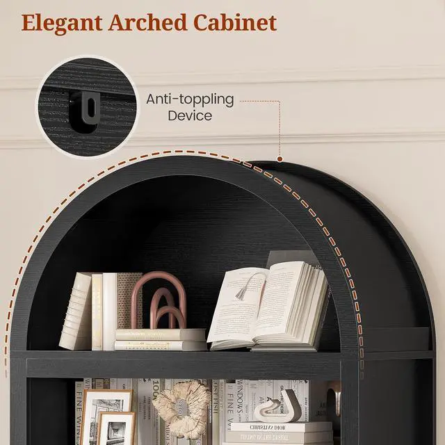 Alt view image 5 of 7 - 81" Tall Arched Cabinets,Bookcase with storage,Mid-Century Modern 6-Tier Bookshelf with Door,2 Book Risers and Adjustable Shelves offering more storage space for Living Room,Kitchen,Home Office,Black