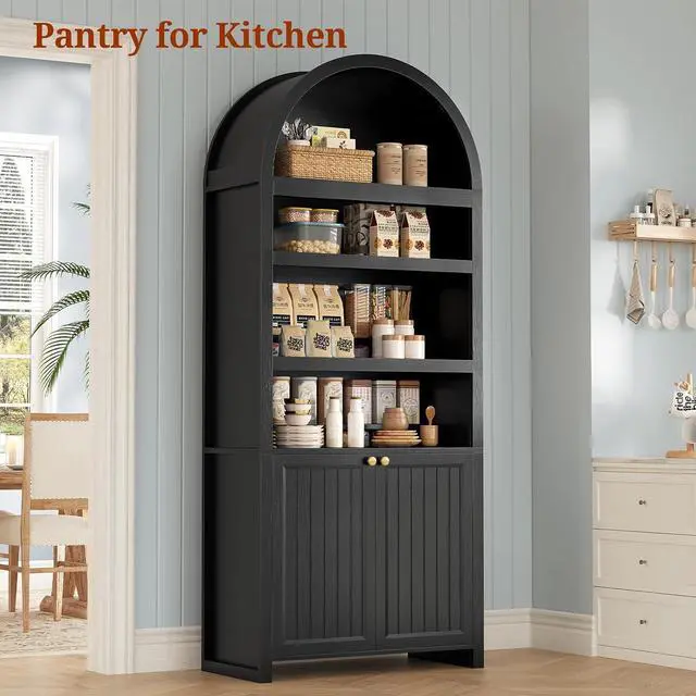Alt view image 7 of 7 - 81" Tall Arched Cabinets,Bookcase with storage,Mid-Century Modern 6-Tier Bookshelf with Door,2 Book Risers and Adjustable Shelves offering more storage space for Living Room,Kitchen,Home Office,Black