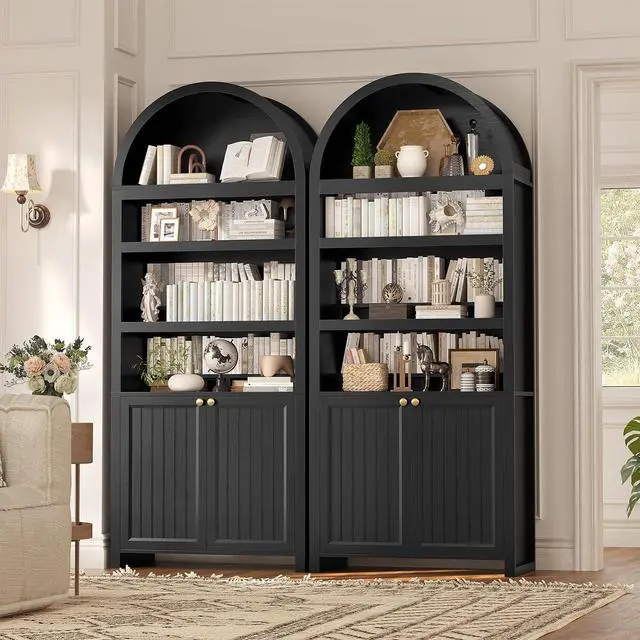 Main image of 2 Pcs 81" Tall Arched Cabinets,Bookcase with Storage,Mid-Century Modern 6-Tier Bookshelf with Door,2 Book Risers and Adjustable Shelves, for Living Room,Kitchen,Home Office (Black, Large)