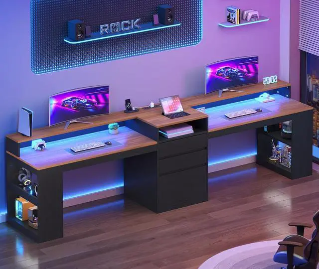 Alt view image 4 of 7 - 96.6" Long Computer Desk, 2 Person Desk with LED Lights & Power Outlet, Modern Two Person Gaming Desk with File Drawers, Monitor Stand, Printer Shelf Storage, Double Table for Home Office Black