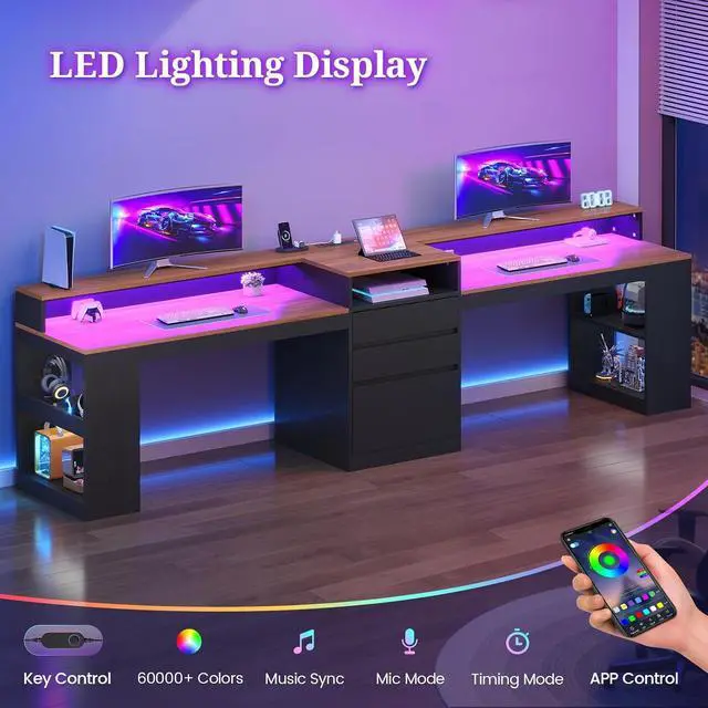 Alt view image 6 of 7 - 96.6" Long Computer Desk, 2 Person Desk with LED Lights & Power Outlet, Modern Two Person Gaming Desk with File Drawers, Monitor Stand, Printer Shelf Storage, Double Table for Home Office Black