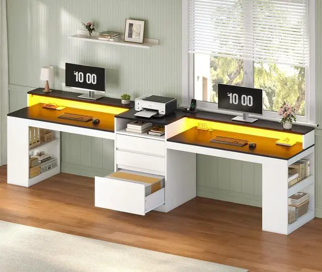 Main image of 96.6" Long Computer Desk, 2 Person Desk with LED Lights & Power Outlet, Modern Two Person Gaming Desk with File Drawers, Monitor Stand, Printer Shelf Storage, Double Table for Home Office White