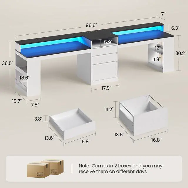 Alt view image 2 of 7 - 96.6" Long Computer Desk, 2 Person Desk with LED Lights & Power Outlet, Modern Two Person Gaming Desk with File Drawers, Monitor Stand, Printer Shelf Storage, Double Table for Home Office White
