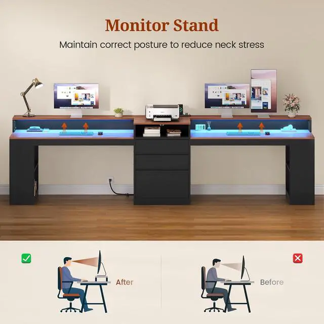 Alt view image 7 of 7 - 96.6" Long Computer Desk, 2 Person Desk with LED Lights & Power Outlet, Modern Two Person Gaming Desk with File Drawers, Monitor Stand, Printer Shelf Storage, Double Table for Home Office Black