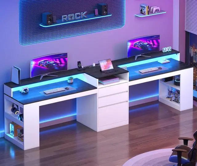 Alt view image 4 of 7 - 96.6" Long Computer Desk, 2 Person Desk with LED Lights & Power Outlet, Modern Two Person Gaming Desk with File Drawers, Monitor Stand, Printer Shelf Storage, Double Table for Home Office White