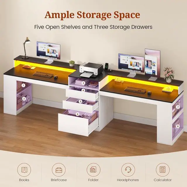 Alt view image 5 of 7 - 96.6" Long Computer Desk, 2 Person Desk with LED Lights & Power Outlet, Modern Two Person Gaming Desk with File Drawers, Monitor Stand, Printer Shelf Storage, Double Table for Home Office White