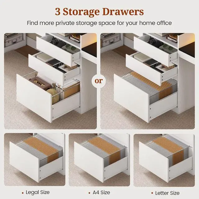 Alt view image 6 of 7 - 96.6" Long Computer Desk, 2 Person Desk with LED Lights & Power Outlet, Modern Two Person Gaming Desk with File Drawers, Monitor Stand, Printer Shelf Storage, Double Table for Home Office White