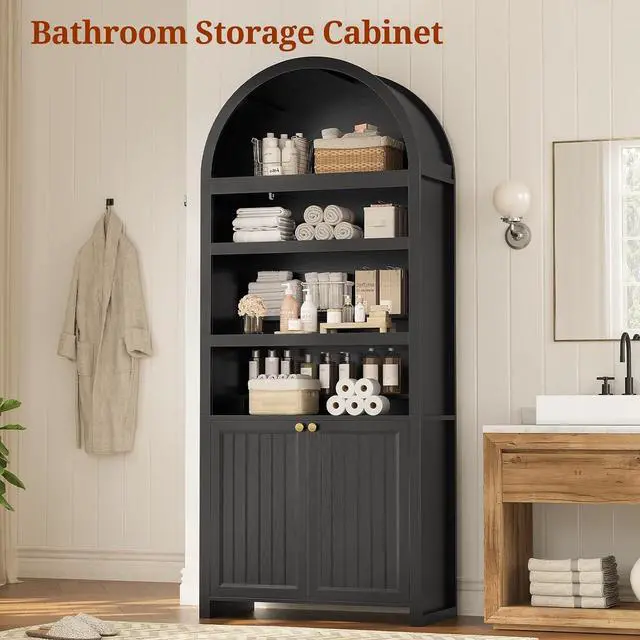 Alt view image 6 of 7 - 81" Tall Arched Cabinets,Bookcase with storage,Mid-Century Modern 6-Tier Bookshelf with Door,2 Book Risers and Adjustable Shelves offering more storage space for Living Room,Kitchen,Home Office,Black
