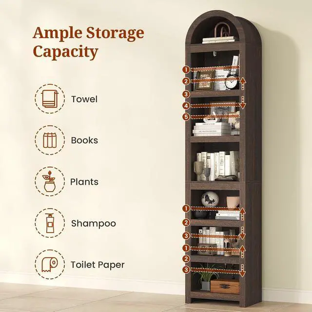 Alt view image 3 of 6 - 2 Pcs Tall Arched Cabinets,Bookcase with Storage,Mid-Century Modern 6-Tier Bookshelf with Door,2 Book Risers and Adjustable Shelves, for Living Room,Kitchen,Home Office (Walnut, Narrow)