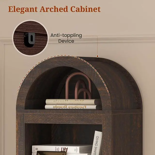 Alt view image 4 of 6 - 2 Pcs Tall Arched Cabinets,Bookcase with Storage,Mid-Century Modern 6-Tier Bookshelf with Door,2 Book Risers and Adjustable Shelves, for Living Room,Kitchen,Home Office (Walnut, Narrow)