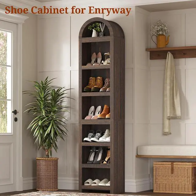 Alt view image 5 of 6 - 2 Pcs Tall Arched Cabinets,Bookcase with Storage,Mid-Century Modern 6-Tier Bookshelf with Door,2 Book Risers and Adjustable Shelves, for Living Room,Kitchen,Home Office (Walnut, Narrow)
