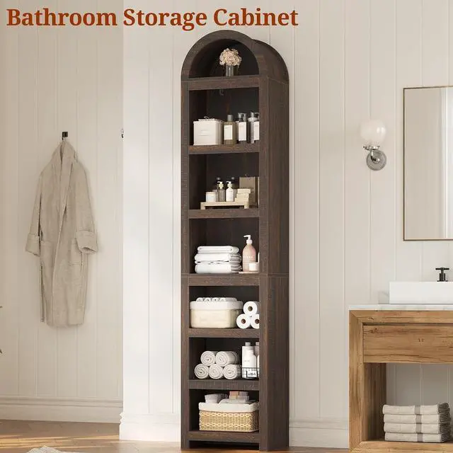 Alt view image 6 of 6 - 2 Pcs Tall Arched Cabinets,Bookcase with Storage,Mid-Century Modern 6-Tier Bookshelf with Door,2 Book Risers and Adjustable Shelves, for Living Room,Kitchen,Home Office (Walnut, Narrow)
