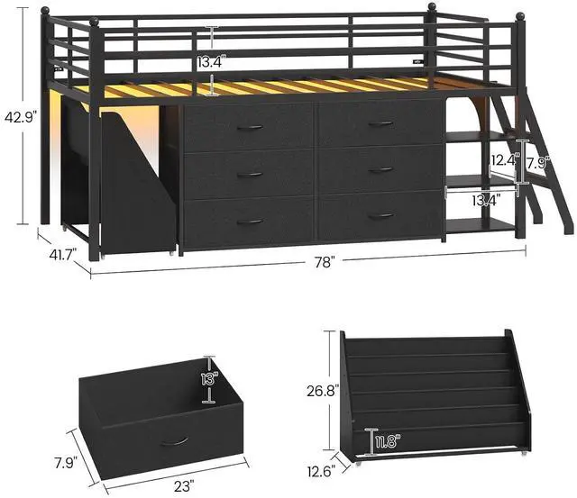 Alt view image 2 of 7 - Kids Twin Loft Bed with Pull-Out Rolling Bookshelf, 3-Tier Display Shelf, 6 Storage Drawers, RGB Mood Lighting, Safe Anti-Tip & Soft Padded Ladder Space-Saving Playhouse Bed for Children (Black)