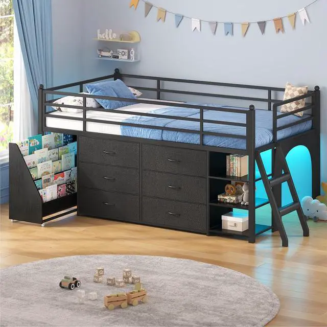Main image of Kids Twin Loft Bed with Pull-Out Rolling Bookshelf, 3-Tier Display Shelf, 6 Storage Drawers, RGB Mood Lighting, Safe Anti-Tip & Soft Padded Ladder Space-Saving Playhouse Bed for Children (Black)
