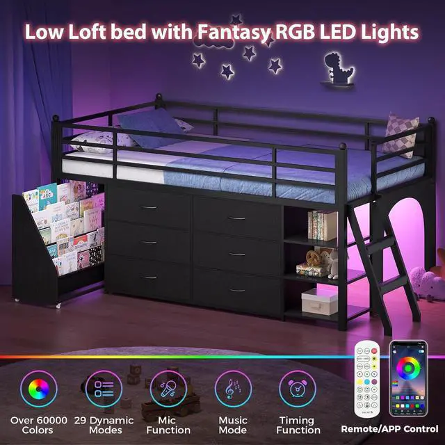 Alt view image 3 of 7 - Kids Twin Loft Bed with Pull-Out Rolling Bookshelf, 3-Tier Display Shelf, 6 Storage Drawers, RGB Mood Lighting, Safe Anti-Tip & Soft Padded Ladder Space-Saving Playhouse Bed for Children (Black)