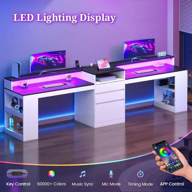 Alt view image 7 of 7 - 96.6" Long Computer Desk, 2 Person Desk with LED Lights & Power Outlet, Modern Two Person Gaming Desk with File Drawers, Monitor Stand, Printer Shelf Storage, Double Table for Home Office White