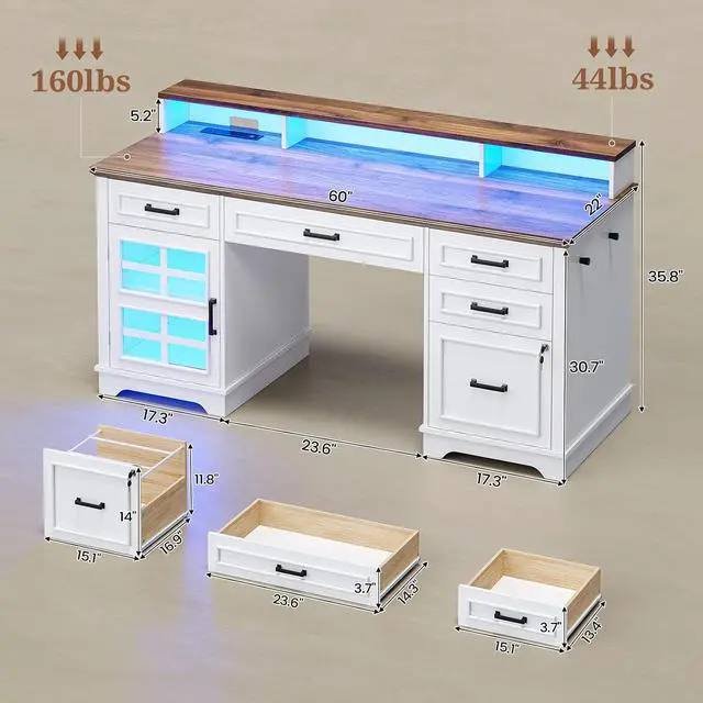 Alt view image 2 of 7 - 60'' Farmhouse Executive Desk with Drawers, Home Office Desk with Power Outlet & LED Light, Wood Computer Desk with Monitor Stand, Locking File Drawer, Glass Storage Cabinet, Hooks, White