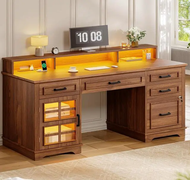 Main image of 60'' Farmhouse Executive Desk with Drawers, Home Office Desk with Power Outlet & LED Light, Wood Computer Desk with Monitor Stand, Locking File Drawer, Glass Storage Cabinet, Hooks