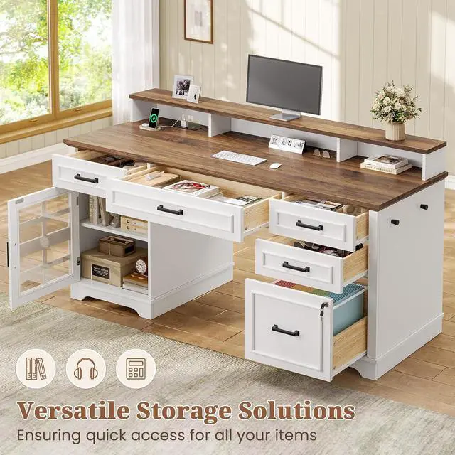 Alt view image 3 of 7 - 60'' Farmhouse Executive Desk with Drawers, Home Office Desk with Power Outlet & LED Light, Wood Computer Desk with Monitor Stand, Locking File Drawer, Glass Storage Cabinet, Hooks, White