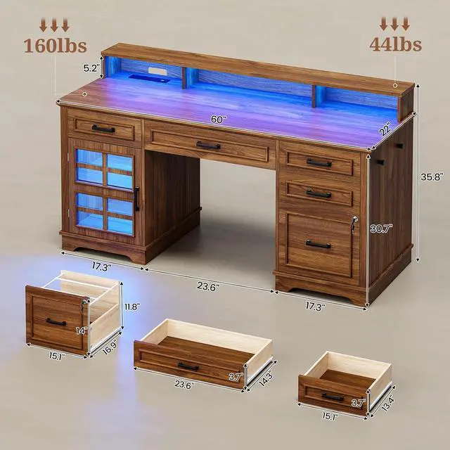 Alt view image 2 of 7 - 60'' Farmhouse Executive Desk with Drawers, Home Office Desk with Power Outlet & LED Light, Wood Computer Desk with Monitor Stand, Locking File Drawer, Glass Storage Cabinet, Hooks