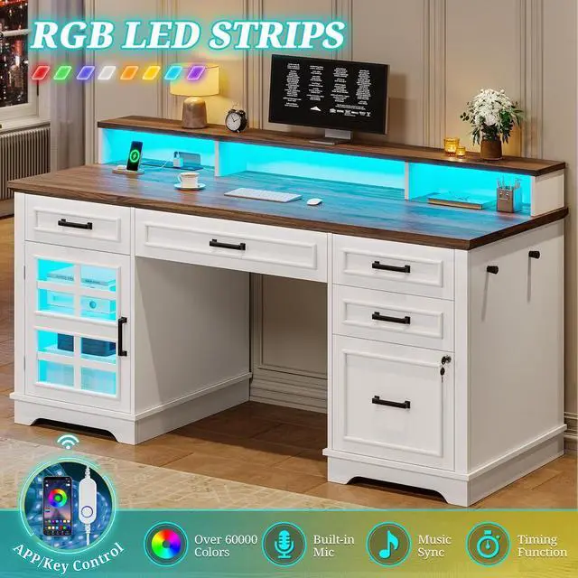 Alt view image 6 of 7 - 60'' Farmhouse Executive Desk with Drawers, Home Office Desk with Power Outlet & LED Light, Wood Computer Desk with Monitor Stand, Locking File Drawer, Glass Storage Cabinet, Hooks, White
