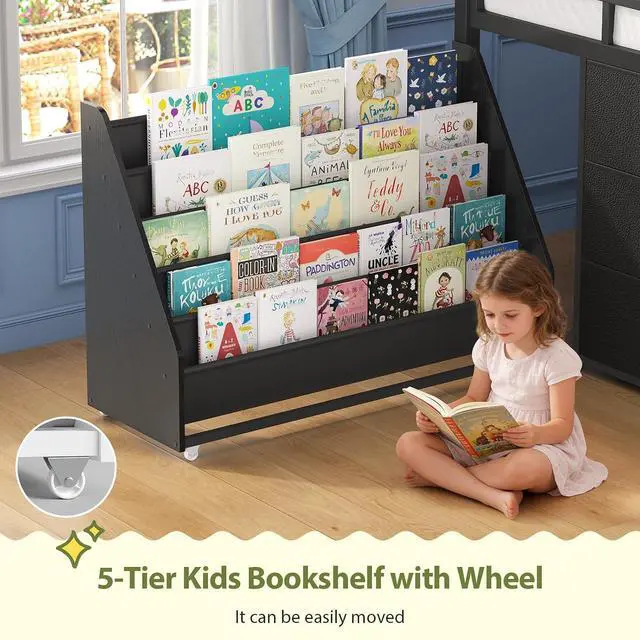 Alt view image 4 of 7 - Kids Twin Loft Bed with Pull-Out Rolling Bookshelf, 3-Tier Display Shelf, 6 Storage Drawers, RGB Mood Lighting, Safe Anti-Tip & Soft Padded Ladder Space-Saving Playhouse Bed for Children (Black)