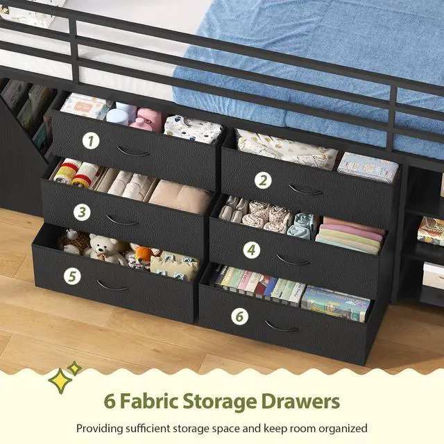 Alt view image 6 of 7 - Kids Twin Loft Bed with Pull-Out Rolling Bookshelf, 3-Tier Display Shelf, 6 Storage Drawers, RGB Mood Lighting, Safe Anti-Tip & Soft Padded Ladder Space-Saving Playhouse Bed for Children (Black)