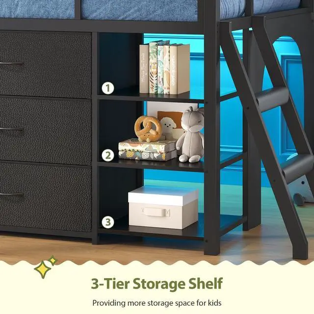 Alt view image 5 of 7 - Kids Twin Loft Bed with Pull-Out Rolling Bookshelf, 3-Tier Display Shelf, 6 Storage Drawers, RGB Mood Lighting, Safe Anti-Tip & Soft Padded Ladder Space-Saving Playhouse Bed for Children (Black)