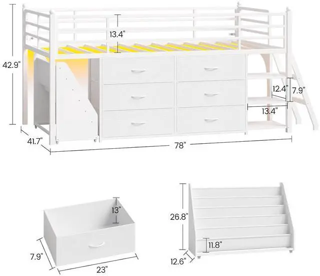 Alt view image 2 of 7 - Kids Twin Loft Bed with Pull-Out Rolling Bookshelf, 3-Tier Display Shelf, 6 Storage Drawers, RGB Mood Lighting, Safe Anti-Tip & Soft Padded Ladder Space-Saving Playhouse Bed for Children (White)