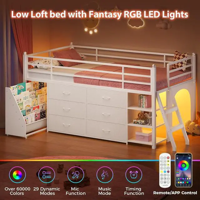 Alt view image 3 of 7 - Kids Twin Loft Bed with Pull-Out Rolling Bookshelf, 3-Tier Display Shelf, 6 Storage Drawers, RGB Mood Lighting, Safe Anti-Tip & Soft Padded Ladder Space-Saving Playhouse Bed for Children (White)