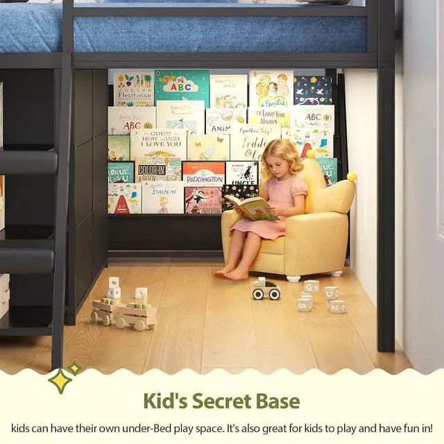 Alt view image 7 of 7 - Kids Twin Loft Bed with Pull-Out Rolling Bookshelf, 3-Tier Display Shelf, 6 Storage Drawers, RGB Mood Lighting, Safe Anti-Tip & Soft Padded Ladder Space-Saving Playhouse Bed for Children (Black)