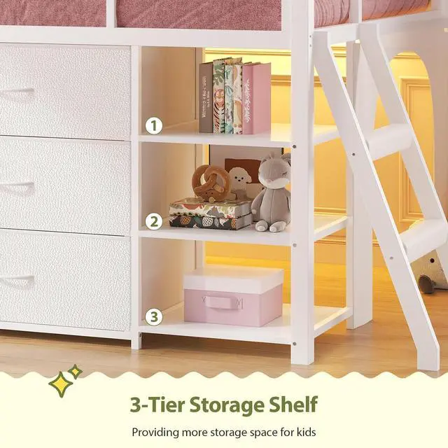 Alt view image 5 of 7 - Kids Twin Loft Bed with Pull-Out Rolling Bookshelf, 3-Tier Display Shelf, 6 Storage Drawers, RGB Mood Lighting, Safe Anti-Tip & Soft Padded Ladder Space-Saving Playhouse Bed for Children (White)
