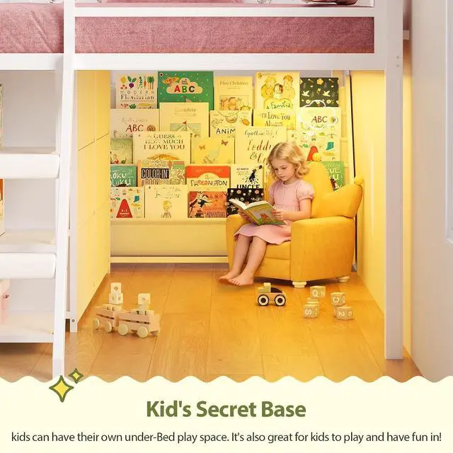 Alt view image 6 of 7 - Kids Twin Loft Bed with Pull-Out Rolling Bookshelf, 3-Tier Display Shelf, 6 Storage Drawers, RGB Mood Lighting, Safe Anti-Tip & Soft Padded Ladder Space-Saving Playhouse Bed for Children (White)