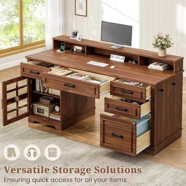 Alt view image 4 of 7 - 60'' Farmhouse Executive Desk with Drawers, Home Office Desk with Power Outlet & LED Light, Wood Computer Desk with Monitor Stand, Locking File Drawer, Glass Storage Cabinet, Hooks