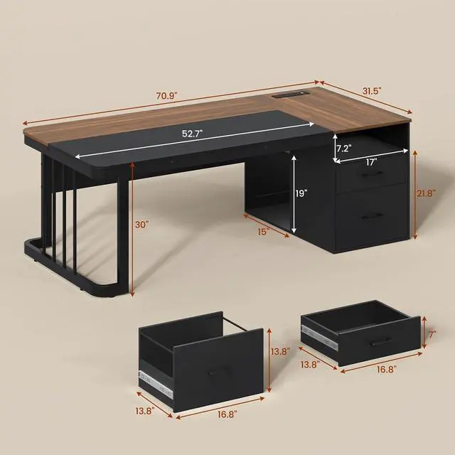 Alt view image 2 of 7 - 70.9" Executive Desk with Power Outlet, Large Office Desk with Drawers & Lateral File Cabinet, Long Computer Desk with Adjustable Storage Shelves, Modern Workstation Business Furniture (Walnut)