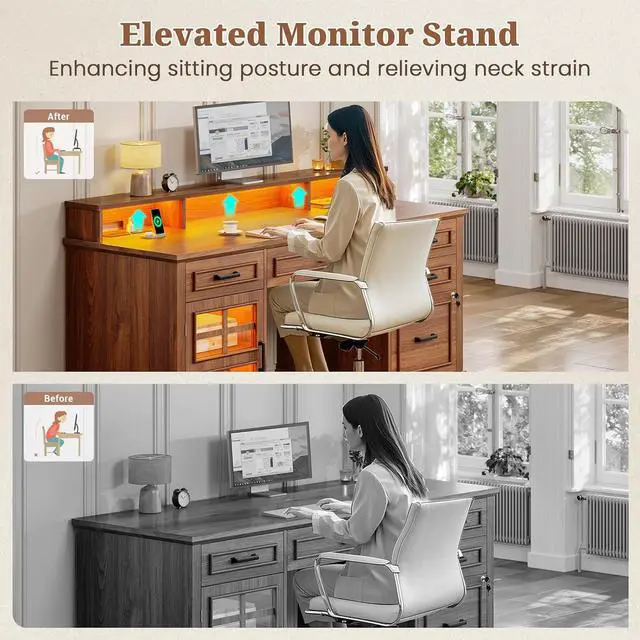 Alt view image 7 of 7 - 60'' Farmhouse Executive Desk with Drawers, Home Office Desk with Power Outlet & LED Light, Wood Computer Desk with Monitor Stand, Locking File Drawer, Glass Storage Cabinet, Hooks