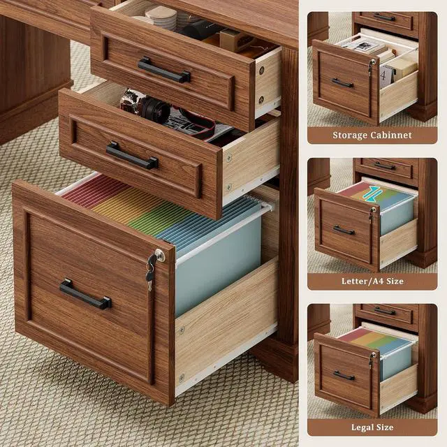 Alt view image 5 of 7 - 60'' Farmhouse Executive Desk with Drawers, Home Office Desk with Power Outlet & LED Light, Wood Computer Desk with Monitor Stand, Locking File Drawer, Glass Storage Cabinet, Hooks