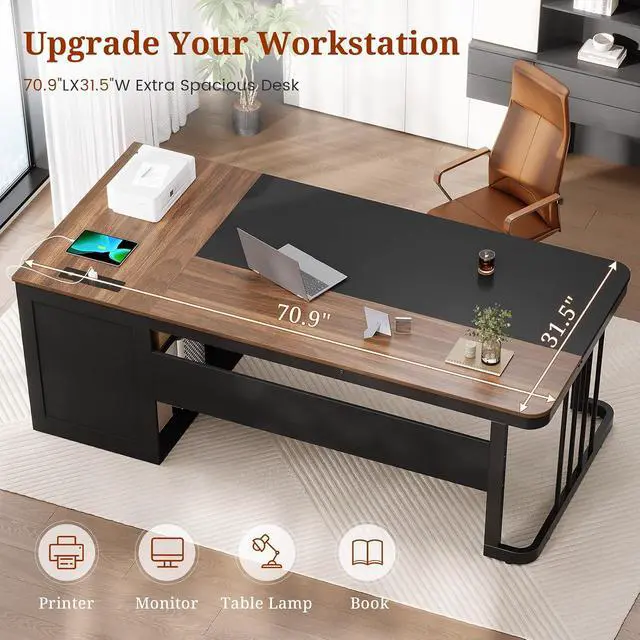Alt view image 5 of 7 - 70.9" Executive Desk with Power Outlet, Large Office Desk with Drawers & Lateral File Cabinet, Long Computer Desk with Adjustable Storage Shelves, Modern Workstation Business Furniture (Walnut)