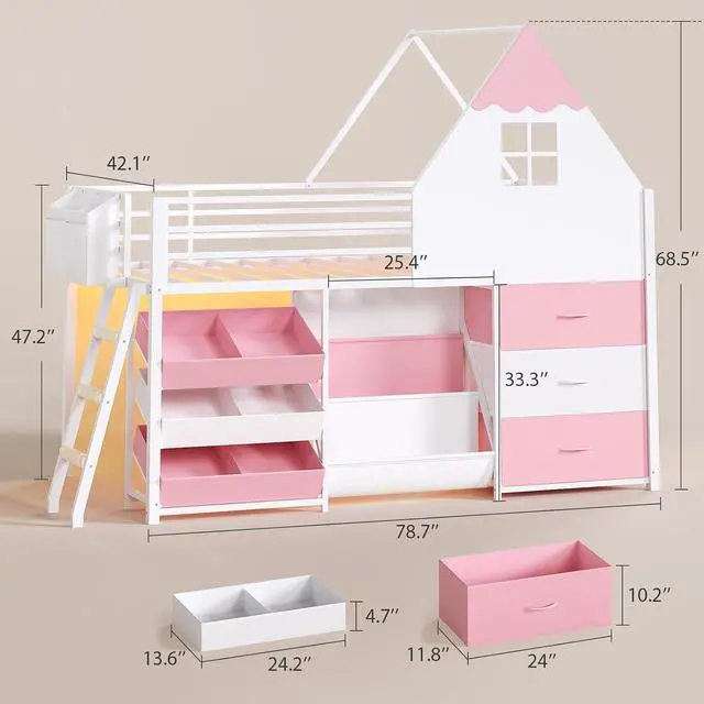Alt view image 2 of 7 - Twin Low Loft Bed for Bookshelf with Kids Toy Storage Box, Storage Drawers, LED Lights, Safety Guardrail, Stairs, Kids loft Bed (White Pink)