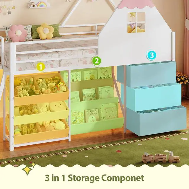 Alt view image 3 of 7 - Twin Low Loft Bed for Bookshelf with Kids Toy Storage Box, Storage Drawers, LED Lights, Safety Guardrail, Stairs, Kids loft Bed (White Pink)