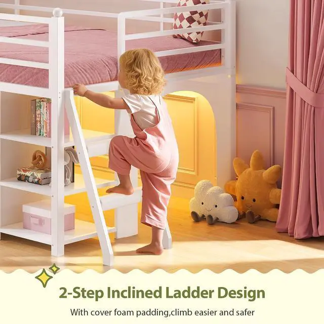 Alt view image 7 of 7 - Kids Twin Loft Bed with Pull-Out Rolling Bookshelf, 3-Tier Display Shelf, 6 Storage Drawers, RGB Mood Lighting, Safe Anti-Tip & Soft Padded Ladder Space-Saving Playhouse Bed for Children (White)