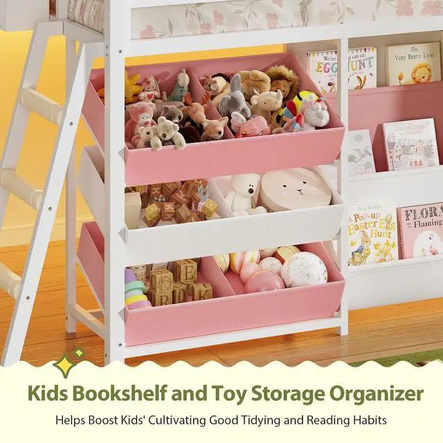 Alt view image 6 of 7 - Twin Low Loft Bed for Bookshelf with Kids Toy Storage Box, Storage Drawers, LED Lights, Safety Guardrail, Stairs, Kids loft Bed (White Pink)