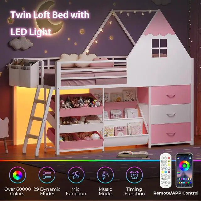 Alt view image 4 of 7 - Twin Low Loft Bed for Bookshelf with Kids Toy Storage Box, Storage Drawers, LED Lights, Safety Guardrail, Stairs, Kids loft Bed (White Pink)