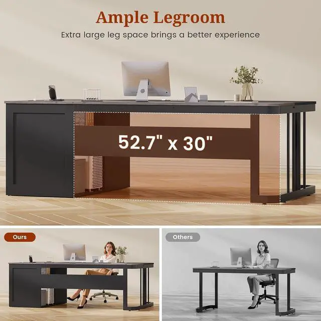 Alt view image 6 of 7 - 70.9" Executive Desk with Power Outlet, Large Office Desk with Drawers & Lateral File Cabinet, Modern Long Computer Desk with Adjustable Storage Shelves, Workstation Business Furniture (Grey)