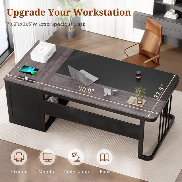 Alt view image 4 of 7 - 70.9" Executive Desk with Power Outlet, Large Office Desk with Drawers & Lateral File Cabinet, Modern Long Computer Desk with Adjustable Storage Shelves, Workstation Business Furniture (Grey)