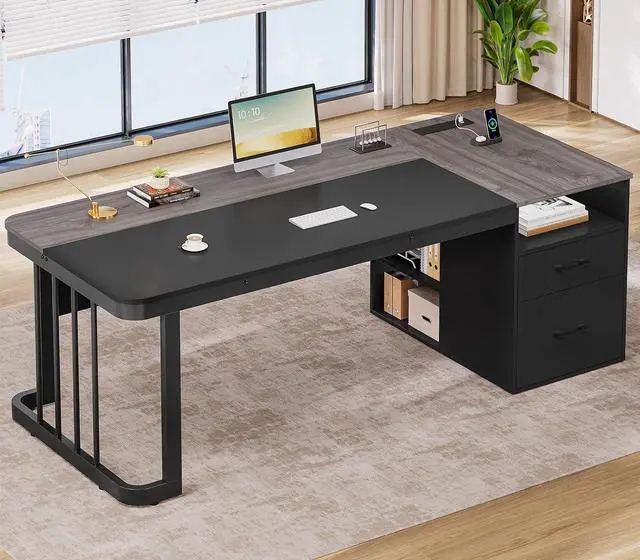 Main image of 70.9" Executive Desk with Power Outlet, Large Office Desk with Drawers & Lateral File Cabinet, Modern Long Computer Desk with Adjustable Storage Shelves, Workstation Business Furniture (Grey)
