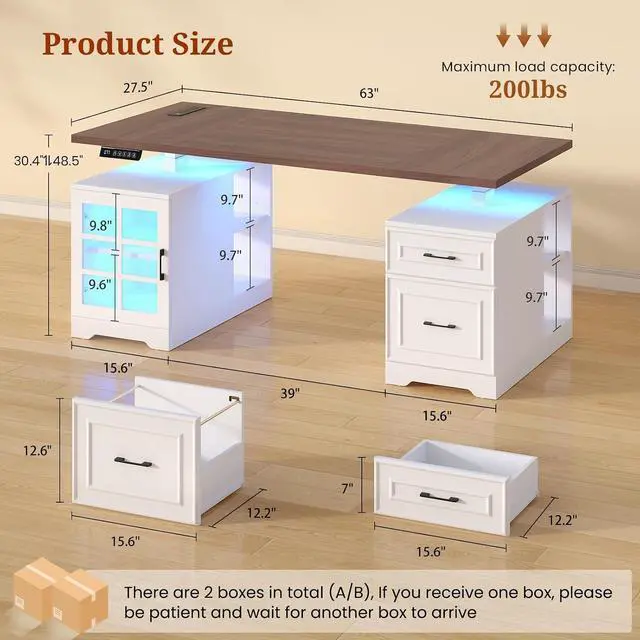 Alt view image 2 of 7 - 63 in Executive Standing Desk, Electric Height Adjustable Desk with Storage Drawers, Glass Cabinet, Shelves, Power Outlet, LED Light, Wood Sit Stand up Computer Desks for Home Office (White)