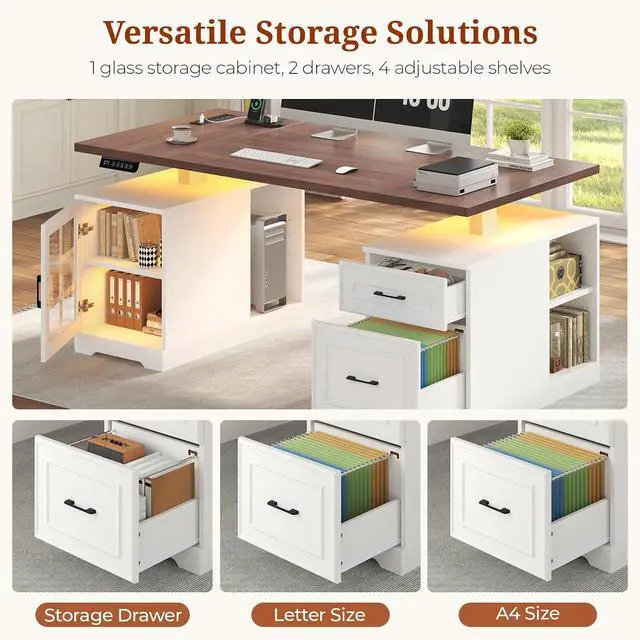 Alt view image 5 of 7 - 63 in Executive Standing Desk, Electric Height Adjustable Desk with Storage Drawers, Glass Cabinet, Shelves, Power Outlet, LED Light, Wood Sit Stand up Computer Desks for Home Office (White)