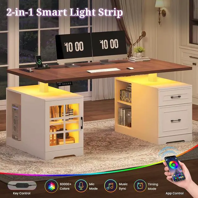 Alt view image 6 of 7 - 63 in Executive Standing Desk, Electric Height Adjustable Desk with Storage Drawers, Glass Cabinet, Shelves, Power Outlet, LED Light, Wood Sit Stand up Computer Desks for Home Office (White)